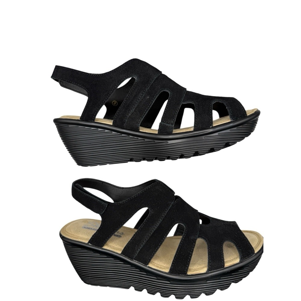 Skechers Wedge Memory Foam Black Suede Sandals Size 8 - Picture 7 of 14